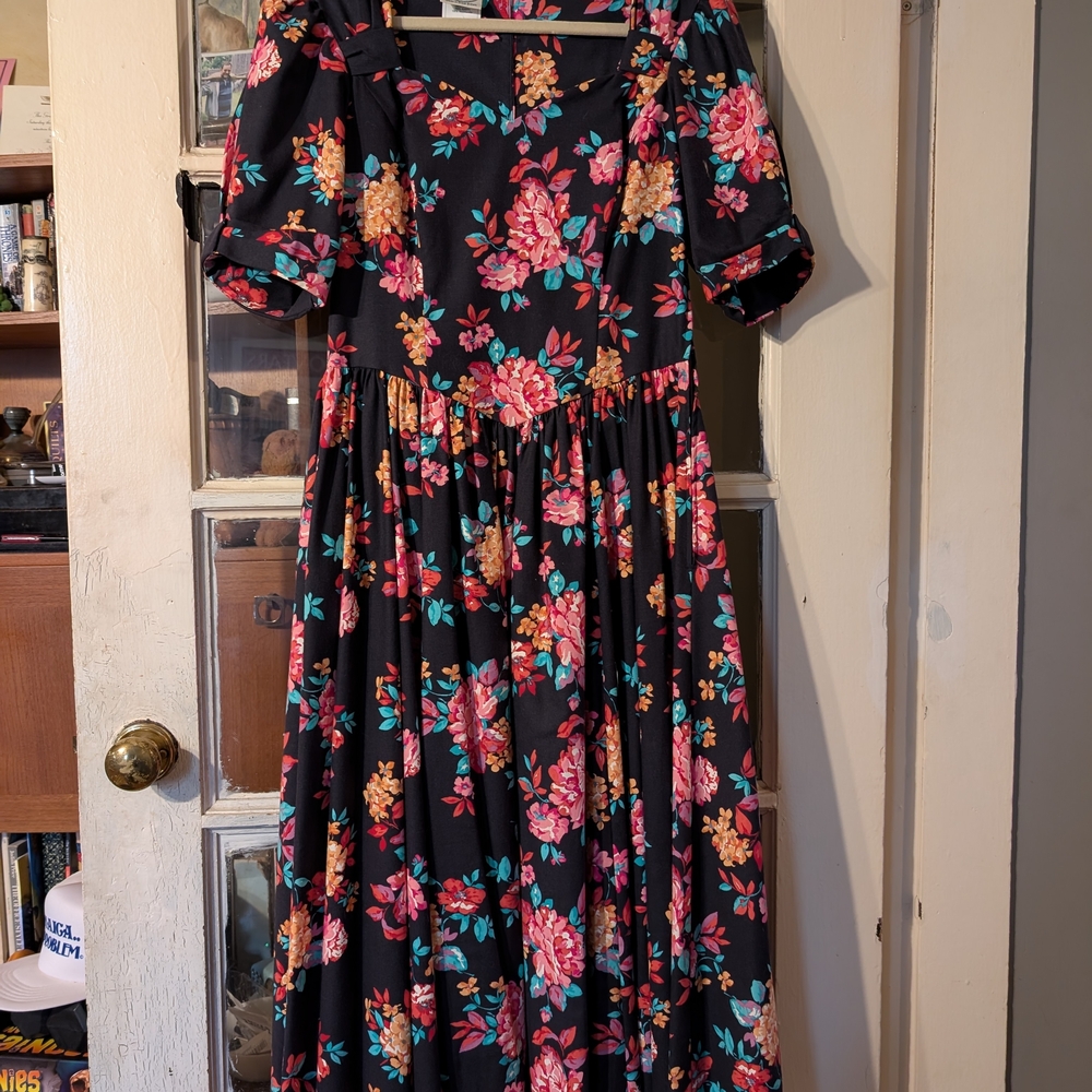 Vintage 80s Puff Sleeve Laura Ashley Floral Black Dress Sz 12